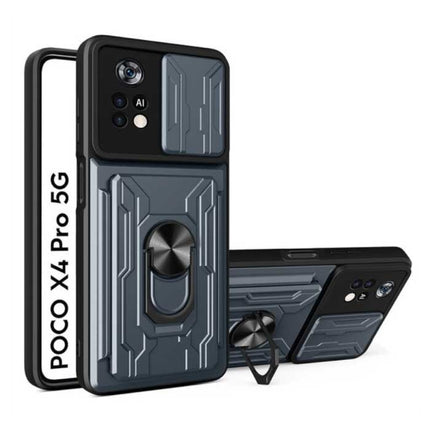 Xiaomi Poco X4 Pro 5G - Card Slot Hoesje met Kickstand en Camera Bescherming - Pop Grip Cover Case Grijs
