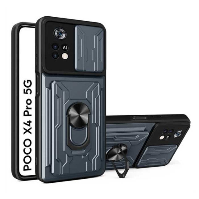 Xiaomi Poco X4 Pro 5G - Card Slot Hoesje met Kickstand en Camera Bescherming - Pop Grip Cover Case Grijs