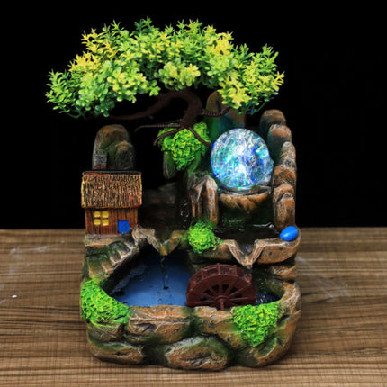 Sier Waterval Zen Garden Watermolen met Nebulizer - LED Kristallen Bal Bonsai Boom Feng Shui Fontein Decor Ornament