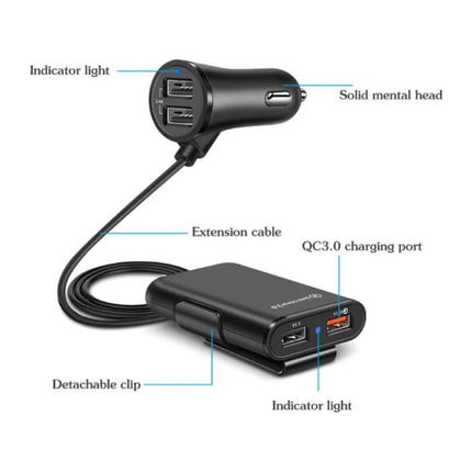 Quick Charge 3.0 Autolader met Verlengkabel en 4 Poorten  30W / 3.1A - Quad Port Carcharger Extension Cable - Wit