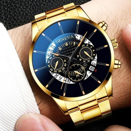 Klassiek Horloge voor Heren - Kwarts Stalen Riem Luxe Uurwerk Kalender Zakelijk Goud Zwart
