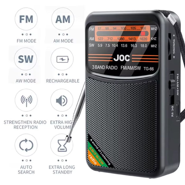 TG66 Noodradio op Batterij - USD-C Herlaadbaar - FM AM SW Radio - Goud