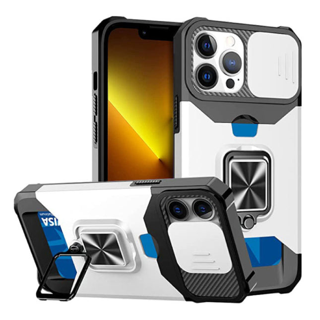 iPhone 12 Pro Max - Card Slot Hoesje met Kickstand en Camera Slide - Grip Socket Magnetische Cover Case Zilver