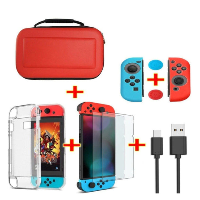 6 in 1 Kit voor Nintendo Switch - NS Opbergtas / Hoesje / Screenprotector / Kabel / Button Caps Rood