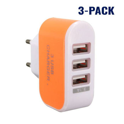 3-Pack  Triple (3x) USB Port iPhone/Android Muur Oplader Wallcharger AC Thuis Oranje