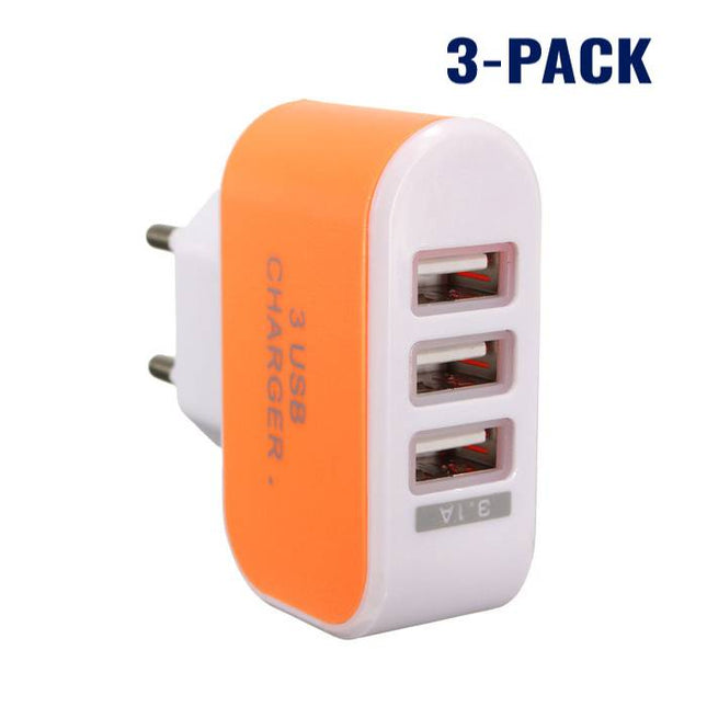 3-Pack  Triple (3x) USB Port iPhone/Android Muur Oplader Wallcharger AC Thuis Oranje
