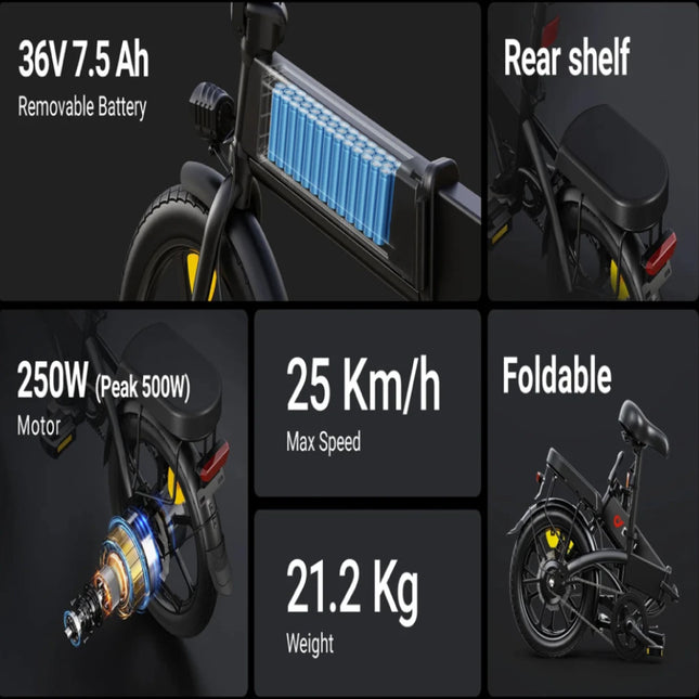 A1F Vouwbare Elektrische Fiets - Smart E Bike - 250W - 7,5 Ah Batterij - Zwart