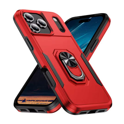 iPhone 17 Pro Max - Militair Shockproof Hoesje met Kickstand - Grip Socket Magnetische Cover Case - Rood Zwart