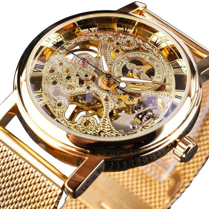 Gouden Kast Luxe Horloge voor Heren - Mesh Bandje Transparant Mechanisch Skelet Goud