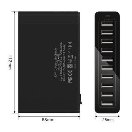 10-Port USB Laadstation 50W Muur Oplader Thuislader Stekkerlader Adapter Zwart