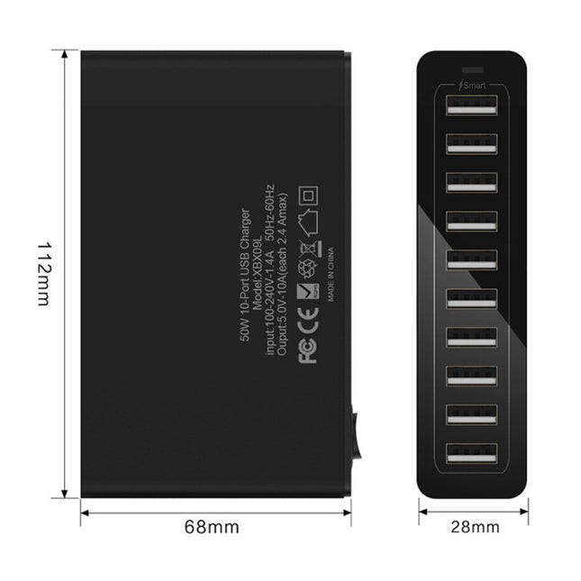 10-Port USB Laadstation 50W Muur Oplader Thuislader Stekkerlader Adapter Zwart