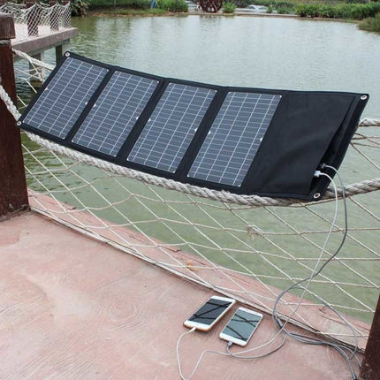Solar Oplader met 4 Zonnepanelen 28W -3 Oplaadpoorten - Monokristallijn  - Draagbare Zonne-energie Batterij Lader Zwart