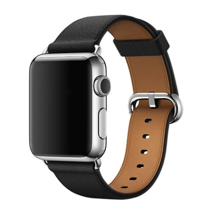 Leren Bandje voor iWatch 44mm - Armband Polsband Duurzaam Leer Horlogeband Roestvrij Staal Sluiting Zwart
