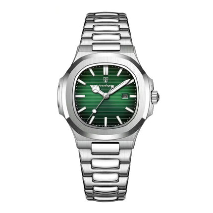 Luxe Vierkant Kwarts Horloge - 3 ATM Waterdicht Lichtgevend Heren Dames Unisex Roestvrij Staal - Zilver Groen