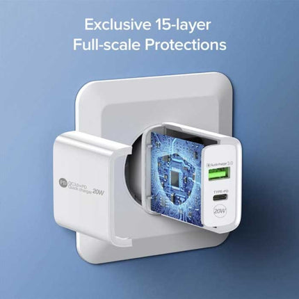 Dual Port Stekkerlader - PD / Quick Charge 3.0 - 20W Power Delivery USB Fast Charge - Oplader Muur Wallcharger AC Thuislader Adapter Wit