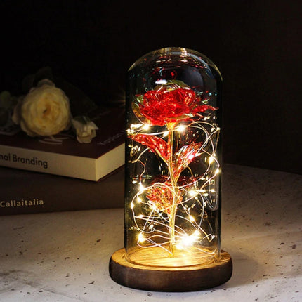 Kunst Roos in Glazen Stolp met Verlichting - Zijden Rozen Bloemen Luxe Glas Decor Ornament