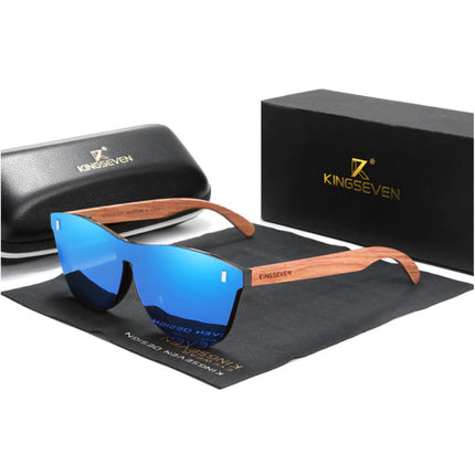 Luxe Zonnebril met Houten Montuur - UV400 en Polarisatie Filter voor Vrouwen - Blauw