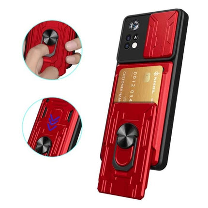 Xiaomi Redmi 11 Pro - Card Slot Hoesje met Kickstand en Camera Slide - Pop Grip Cover - Rood