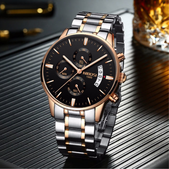 Staal Horloge voor Heren - Luxe Bandje Anoloog Uurwerk voor Mannen Kwarts Zwart