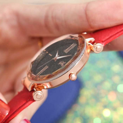 Minimalistisch Horloge Sterrenhemel voor Dames - Modieus Casual Leren Bandje Kwarts Rood