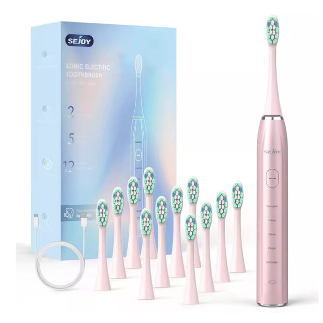 Elektrische Tandenborstel Set Sonisch - 12 Opzetborstels - IPX7 Waterdicht USB Opladen 5-modi - Roze