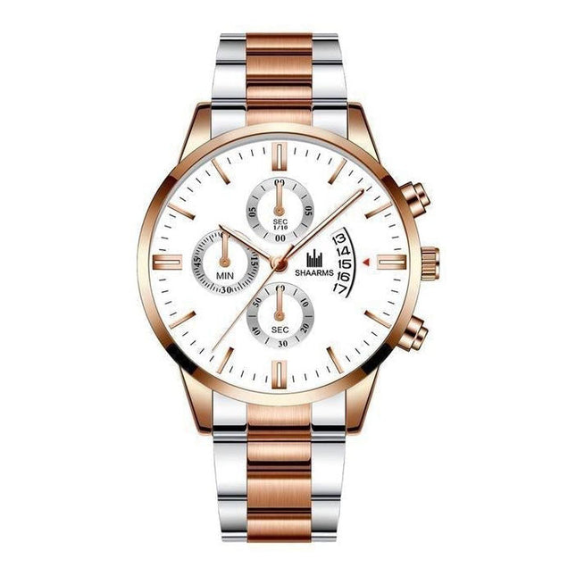 Luxe Zakelijk Horloge voor Heren - Kwarts Roestvrij Staal Bandje Datum Kalender met 3 Subdials Rose Gold Zilver