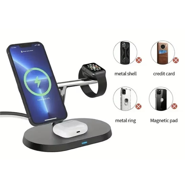 3 in 1 Draadloos Qi Oplaadstation - Compatibel met Apple iPhone / iWatch / AirPods -  Charging Dock 15W Oplader - Zwart