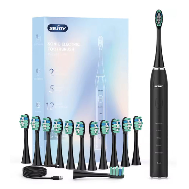 Elektrische Tandenborstel Set Sonisch - 12 Opzetborstels - IPX7 Waterdicht USB Opladen 5-modi - Zwart