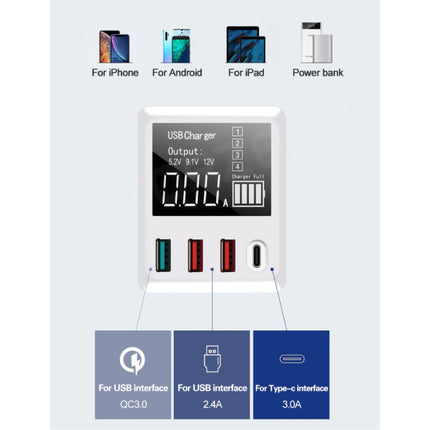 4x Port Quad USB Stekkerlader met Type C Poort - Quick Charge 3.0 Muur Oplader Wallcharger AC Thuislader Adapter Wit