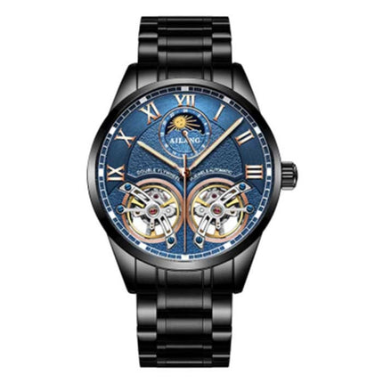 Vintage Horloge voor Heren - Roestvrij Staal Bandje Kwarts Polshorloge Dubbel Vliegwiel Zwart