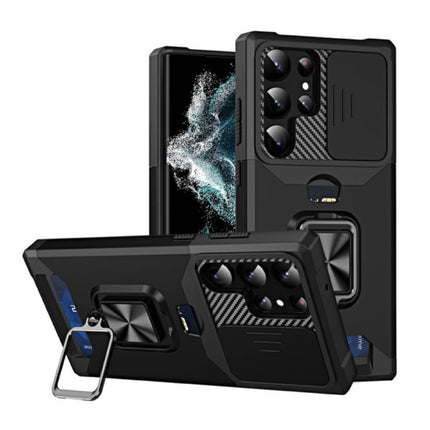 Samsung Galaxy A54 - Card Slot Hoesje met Kickstand en Camera Slide - Grip Socket Magnetische Cover Case Zwart