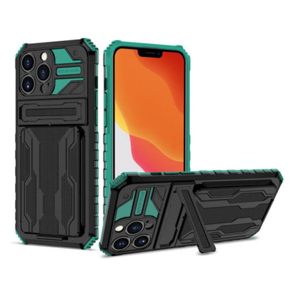 iPhone 12 Pro Max - Armor Card Slot Hoesje met Kickstand - Wallet Cover Case Groen