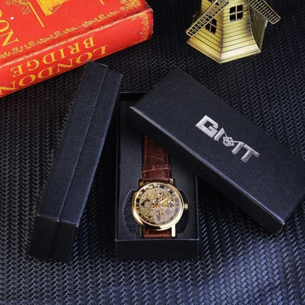 Gouden Kast Luxe Horloge voor Heren - Leren Bandje Transparant Mechanisch Skelet Zwart Goud