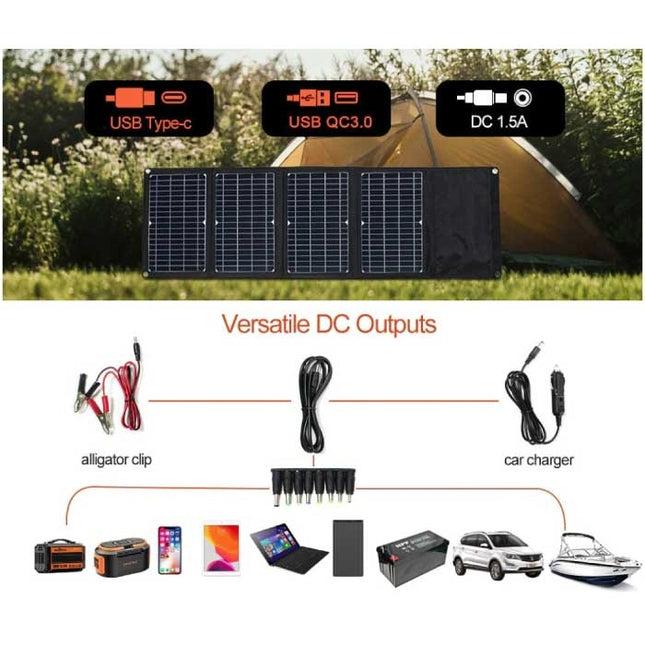 Solar Oplader met 4 Zonnepanelen 28W -3 Oplaadpoorten - Monokristallijn  - Draagbare Zonne-energie Batterij Lader Zwart