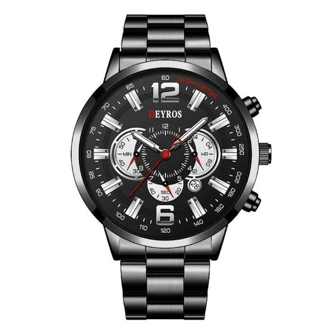 Roestvrij Staal Sport Horloge voor Heren - Kwarts Uurwerk Kalender Lichtgevende Klok Staal Zwart Zilver