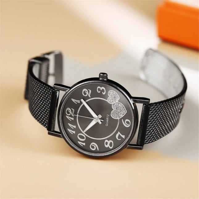 Horloge met Hartjes voor Dames - Kwarts Luxe Anoloog Uurwerk Roestvrij Staal Mesh voor Vrouwen Zwart