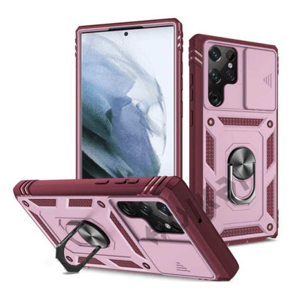Samsung Galaxy S21 - Armor Kaarthouder Hoesje met Kickstand en Camera Bescherming - Pop Grip  Heavy Duty Cover Case Roze