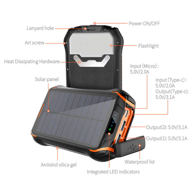 Solar Powerbank met 3 Poorten 26.800mAh - Ingebouwde Zaklamp - Externe Noodaccu Batterij Oplader Charger Zon Oranje