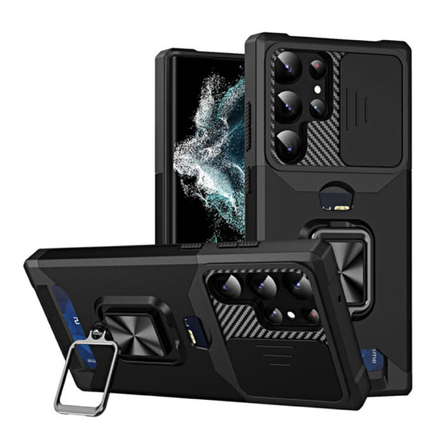 Samsung Galaxy A04s - Card Slot Hoesje met Kickstand en Camera Slide - Grip Socket Magnetische Cover Case Zwart