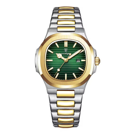 Luxe Vierkant Kwarts Horloge - 3 ATM Waterdicht Lichtgevend Heren Dames Unisex Roestvrij Staal - Goud Groen