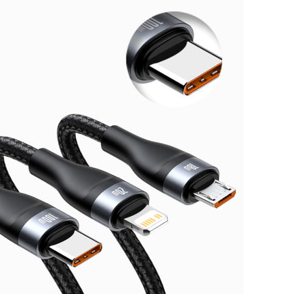 3 in 1 Oplaadkabel - iPhone Lightning / USB-C / Micro-USB - 1.2 Meter Oplader Gevlochten Nylon Data Kabel Zwart