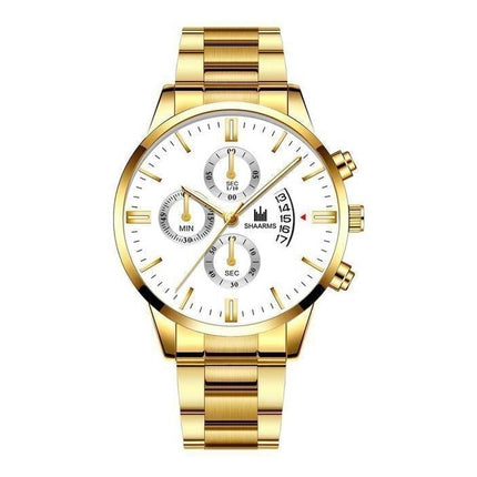 Luxe Zakelijk Horloge voor Heren - Kwarts Roestvrij Staal Bandje Datum Kalender met 3 Subdials Goud Wit