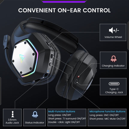E1000 WT Draadloze Gaming Headset - Koptelefoon met Microfoon Bluetooth 7.1 Surround Zwart 