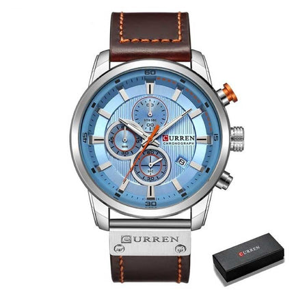 Luxe Horloge voor Heren met Leren Band - Kwarts Sport Chronograaf Polshorloge Zilver Blauw