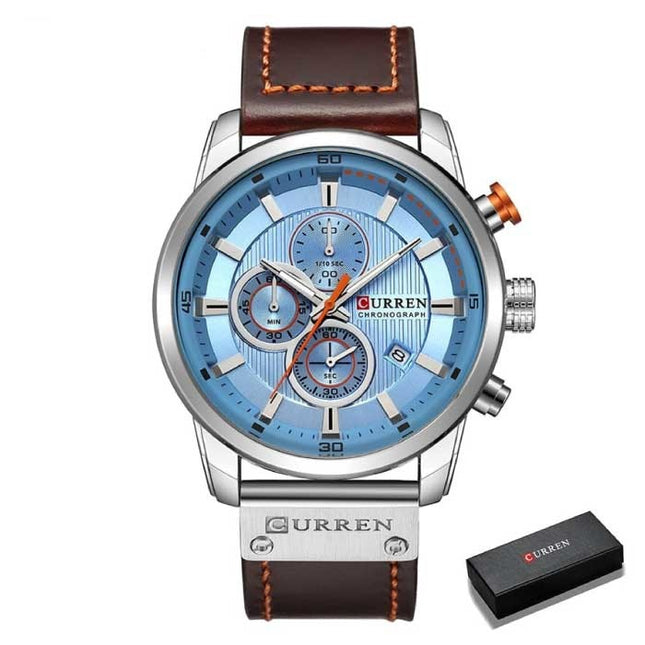 Luxe Horloge voor Heren met Leren Band - Kwarts Sport Chronograaf Polshorloge Zilver Blauw