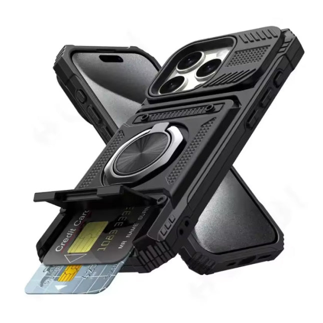 iPhone 15 Pro - Card Slot Hoesje met Kickstand - Grip Socket Magnetische Cover Case - Zwart