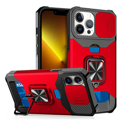 iPhone 14 Pro - Card Slot Hoesje met Kickstand en Camera Slide - Grip Socket Magnetische Cover Case Rood