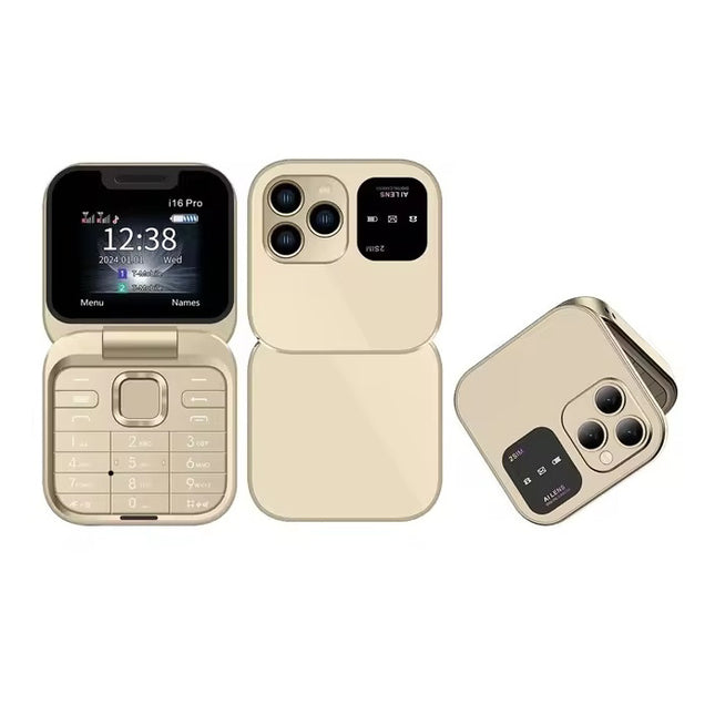 I16 Pro Mini Vouwbare Telefoon - 1.77 inch HD Scherm - Dual SIM - 1000mAh Batterij - Goud