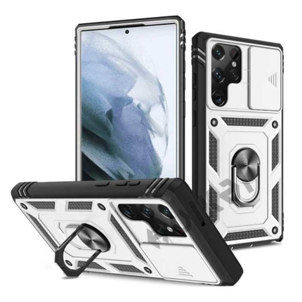 Samsung Galaxy S22 - Armor Kaarthouder Hoesje met Kickstand en Camera Bescherming - Pop Grip  Heavy Duty Cover Case Wit
