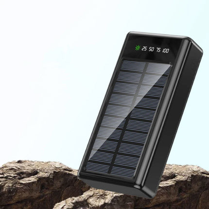 100.000mAh Solar Powerbank met 4 Poorten en 3 Types Oplaadkabel - Ingebouwde Zaklamp - Externe Noodaccu Batterij Oplader Charger Zon Zwart